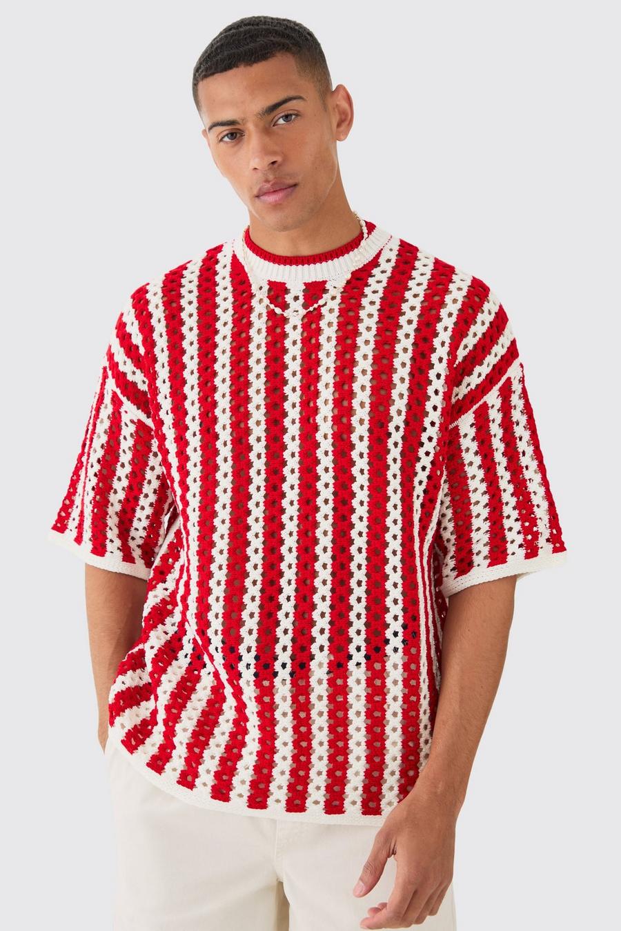 Red Oversized Open Stitch Stripe Knitted T-shirt image number 1