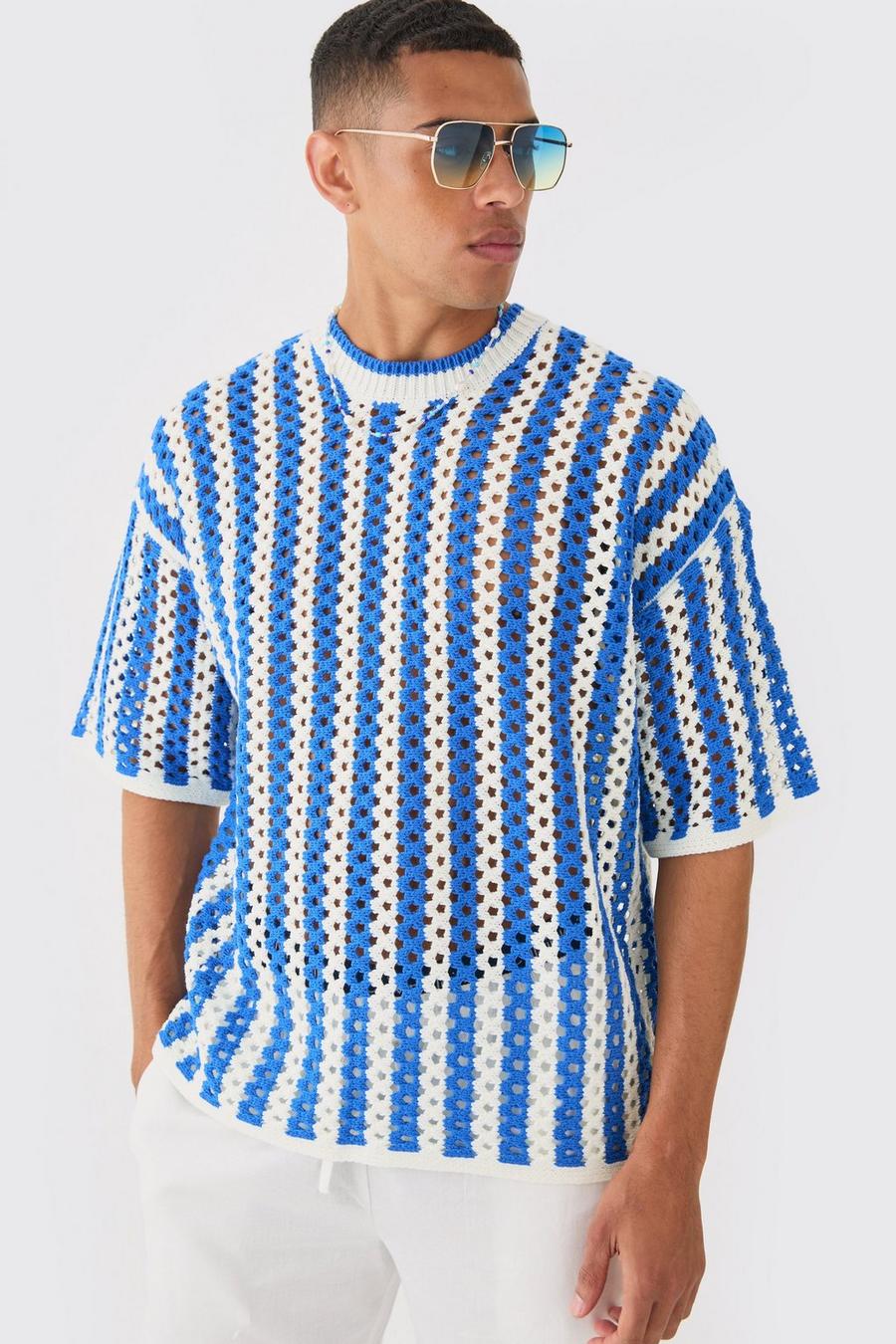 T-shirt oversize in maglia a righe traforate, Cobalt