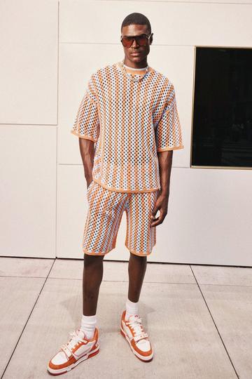 Orange Relaxed Open Stitch Stripe Knitted Shorts