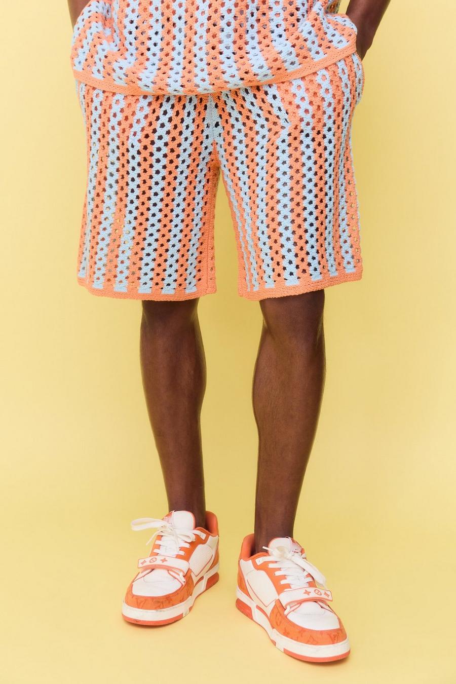 Orange Relaxed Open Stitch Stripe Knitted Shorts