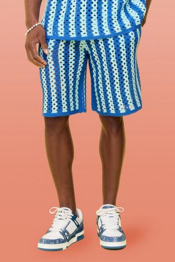 Blue Relaxed Open Stitch Stripe Knitted Shorts