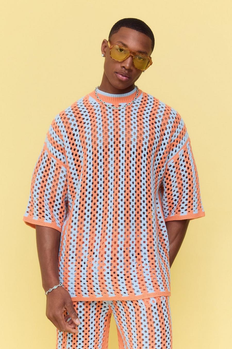 Camiseta oversize de punto calado con rayas, Orange image number 1