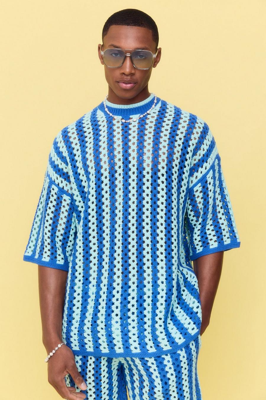 T-shirt oversize rayé à coutures apparentes, Light blue image number 1