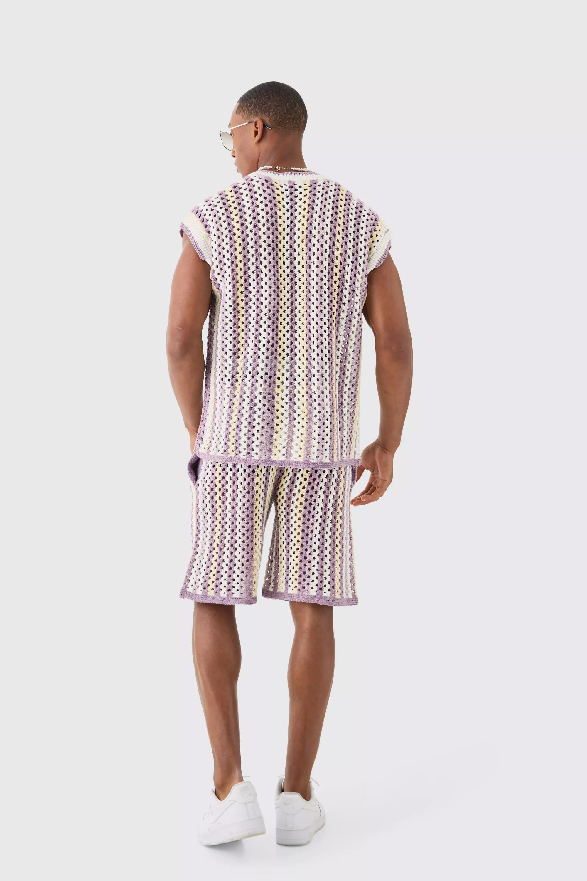 White Relaxed Open Stitch Stripe Knitted Shorts صورة بديلة