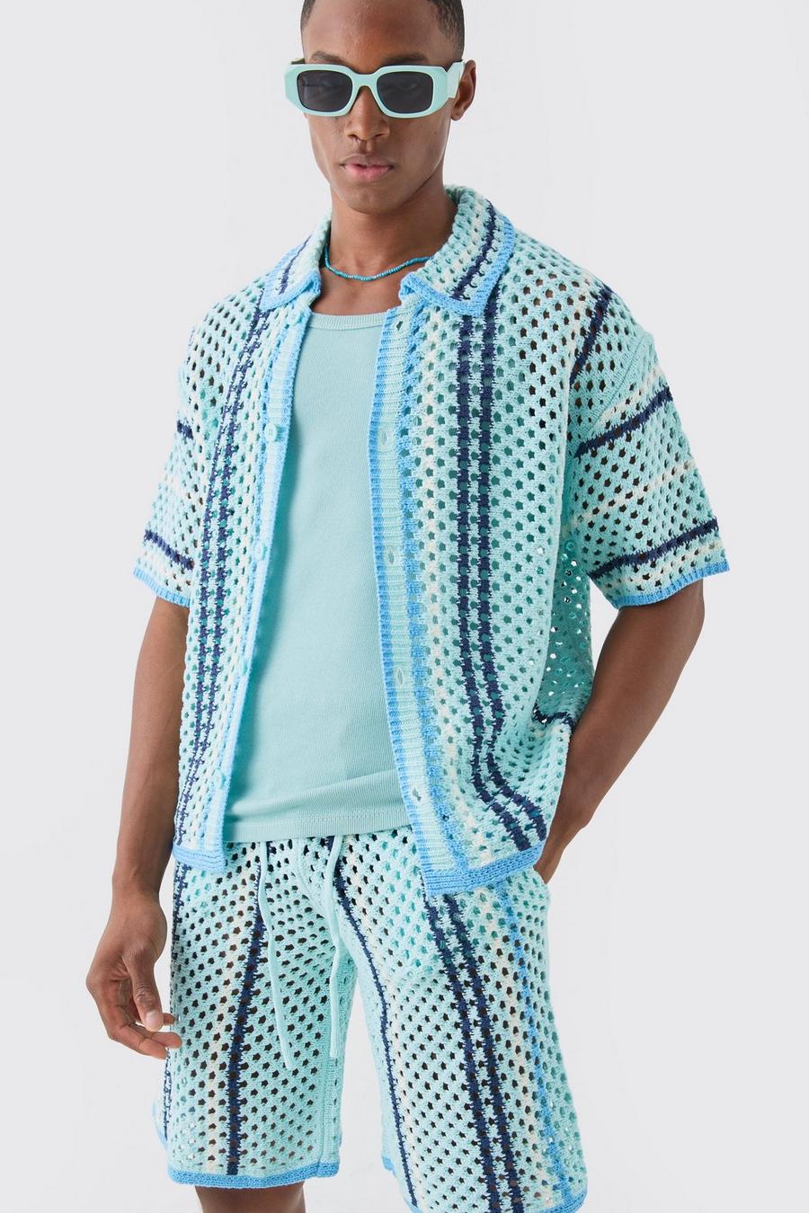 Light blue Boxy Oversized Open Stitch Stripe Knit Shirt