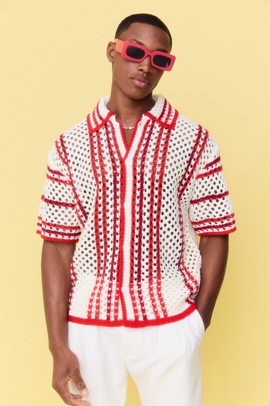 Camicia squadrata oversize in maglia a righe traforate, White image number 1