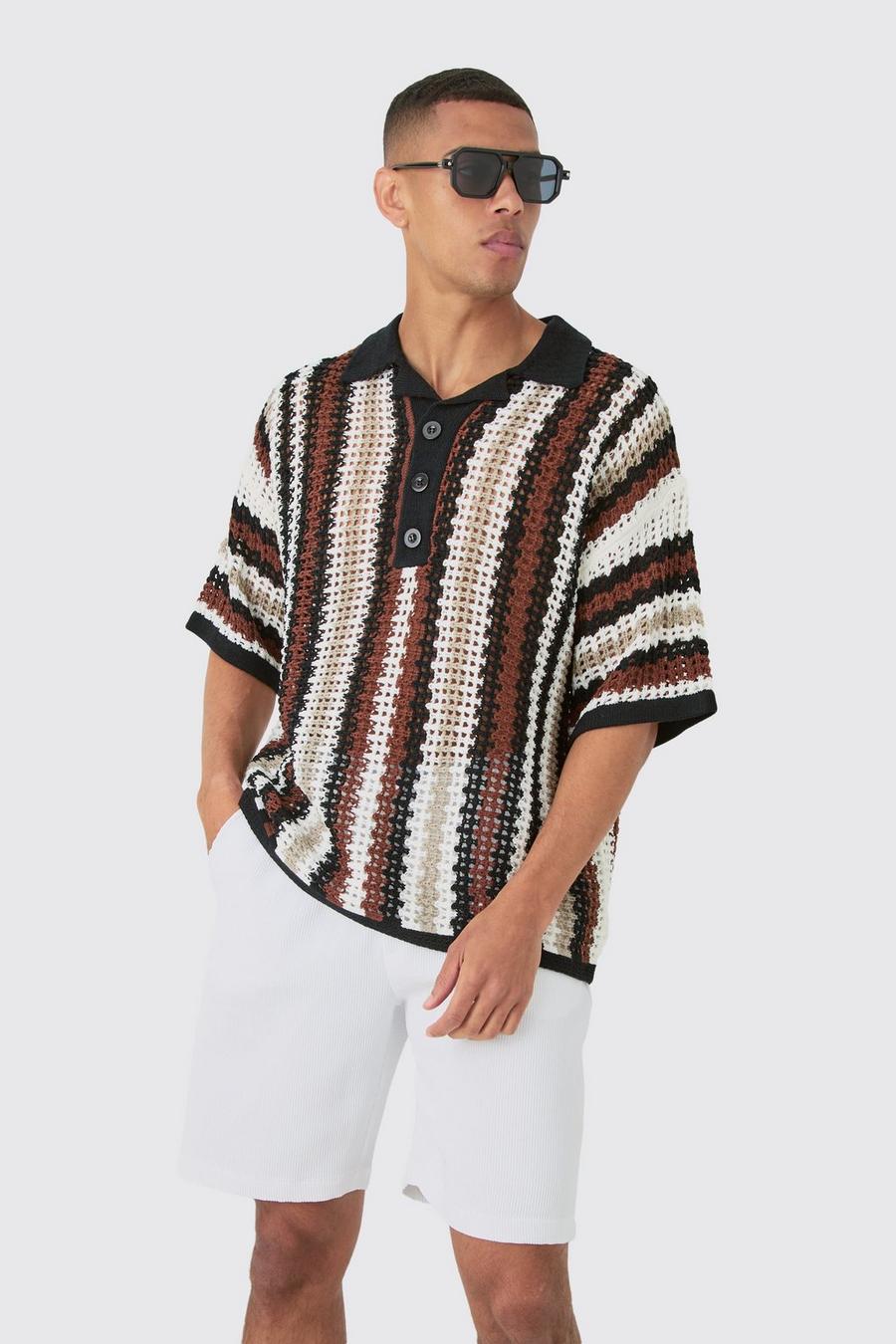Chocolate Oversized Open Stitch Deep Revere Stripe Knit Polo image number 1