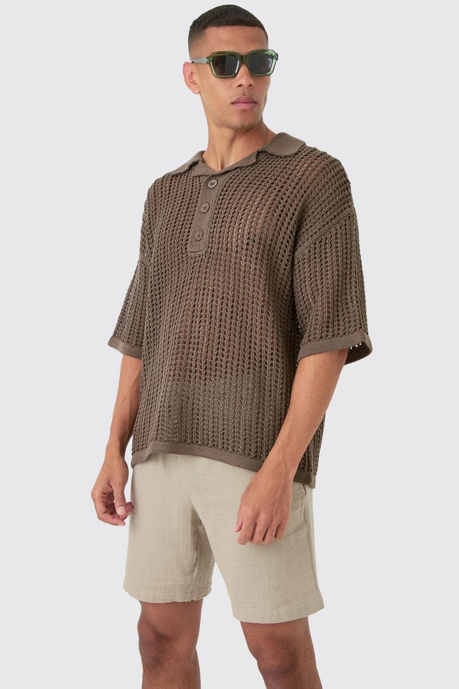Chocolate Oversized Open Stitch Deep Revere Knit Polo image number 1