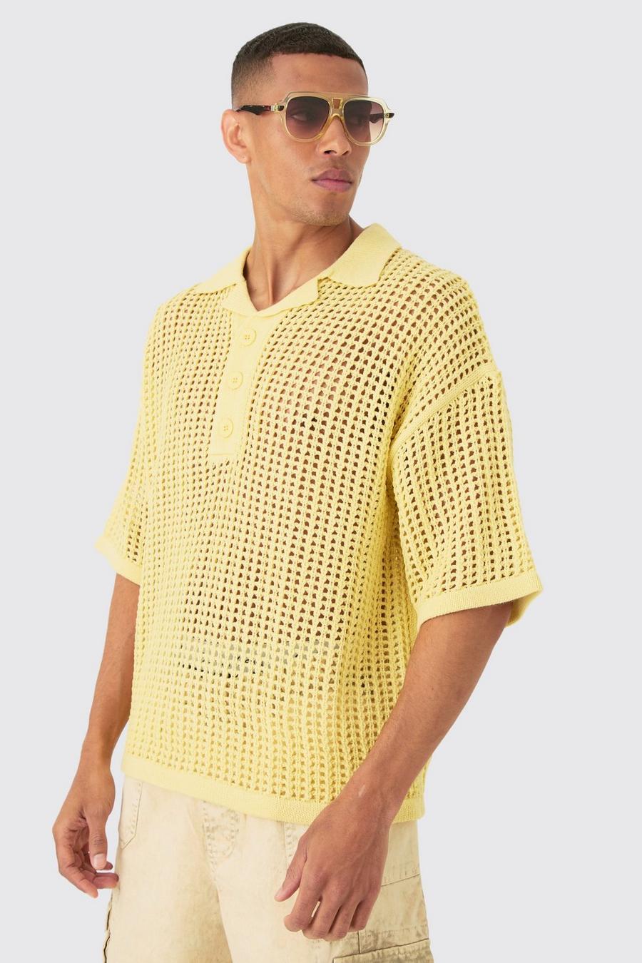 Polo oversize in maglia traforata con rever, Yellow image number 1