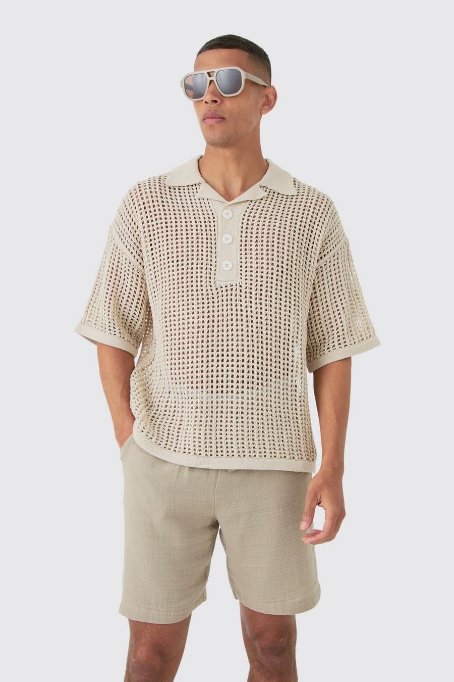 Stone Oversized Open Stitch Deep Revere Knit Polo image number 1
