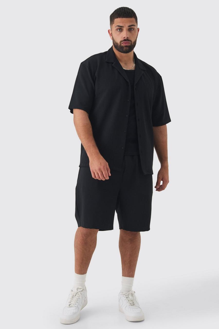 Black Plus Zwart Overhemd Met Herringbone Detail En Shorts Set image number 1