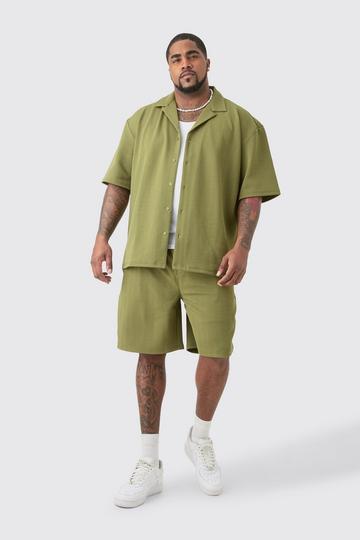 Plus Khaki Overhemd Met Herringbone Detail En Shorts Set khaki