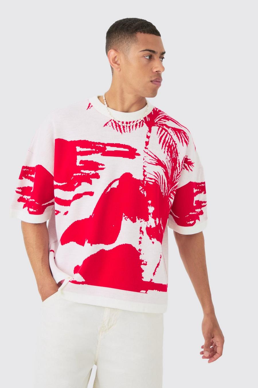 T-shirt oversize in maglia con grafica Line Scenic, White