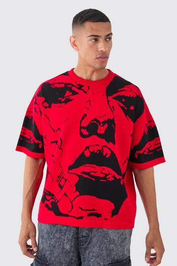 Oversized Line Drawing Knitted T-shirt red