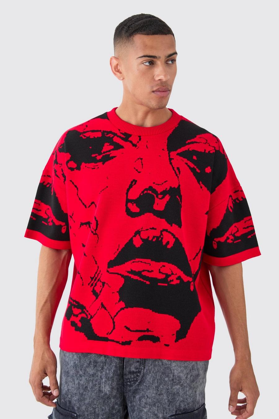 Red Oversized Gebreid T-Shirt Met Lijntekening