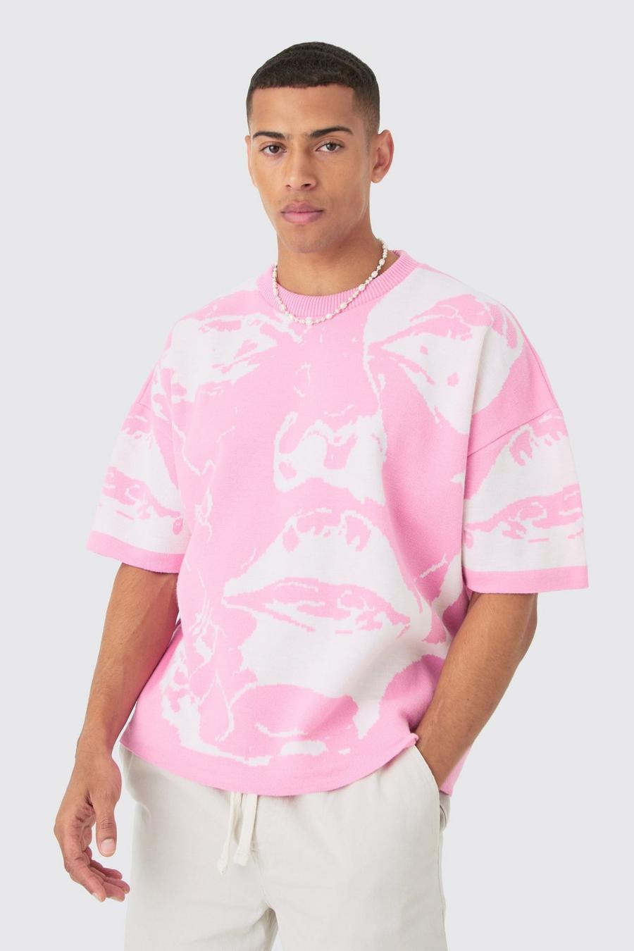 Camiseta oversize de punto con dibujo de línea, Pink