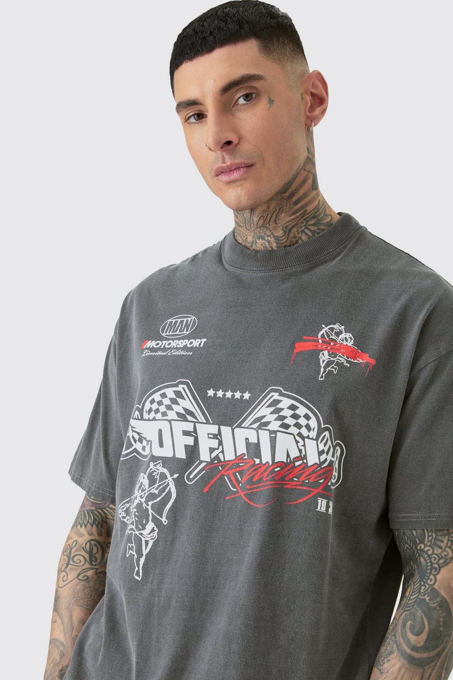 Camiseta Tall oversize sobreteñida con lavado a la piedra y estampado de motociclismo, Charcoal image number 1