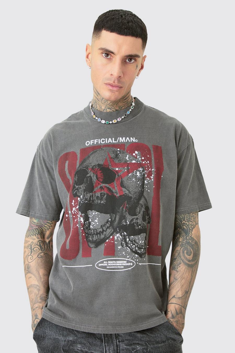 Charcoal Tall Offcl Stentvättad t-shirt med dödskalle