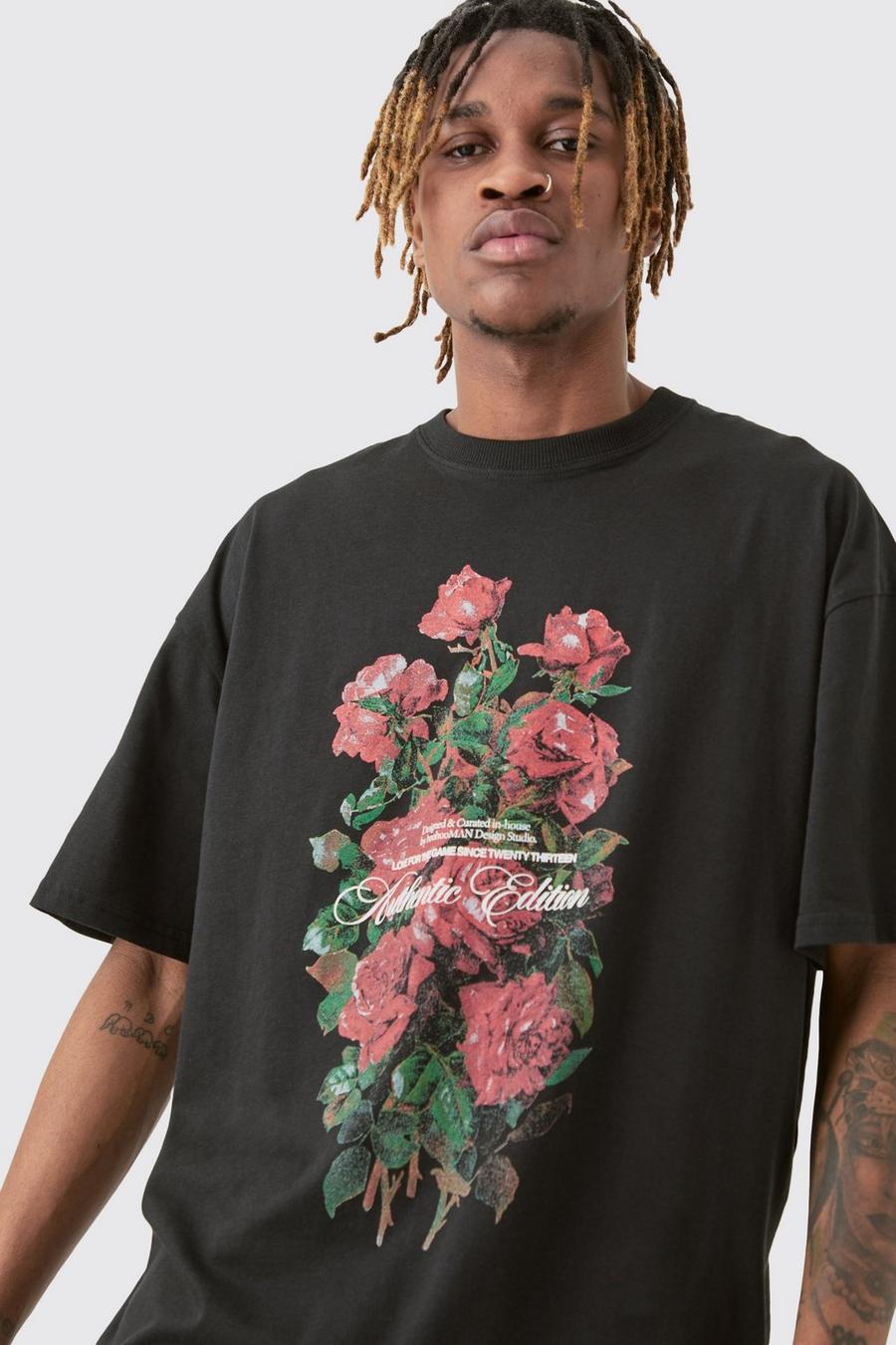 Tall florales T-Shirt mit Print, Black