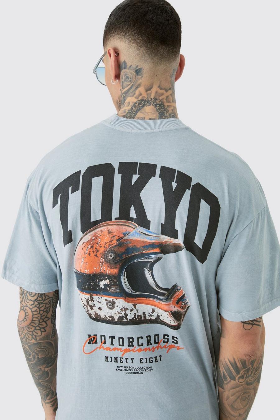 Grey Tall Oversized Overdye Tokyo T-Shirt Met Rugopdruk image number 1