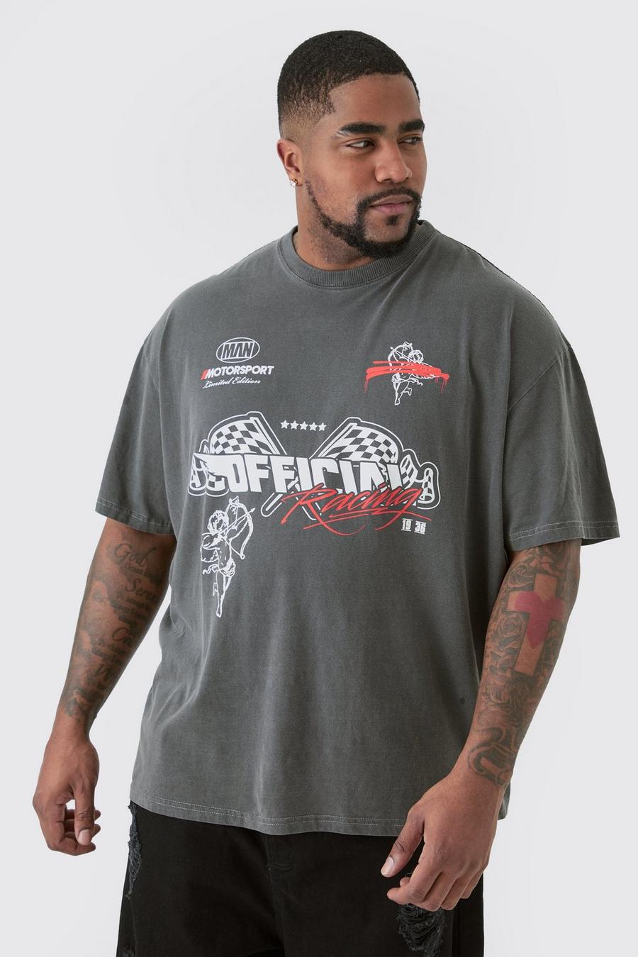 Charcoal Plus Oversized Overdye Gebleekt Moto T-Shirt Met Print image number 1