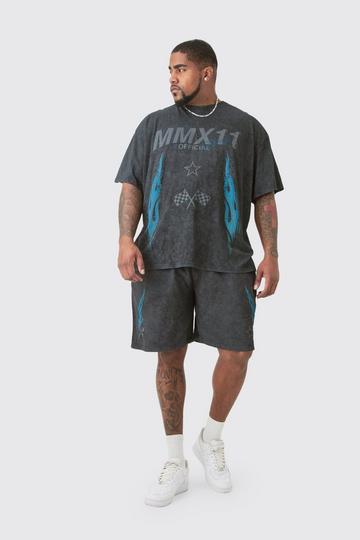 Plus Acid Wash Moto T-Shirt & Short Set blue