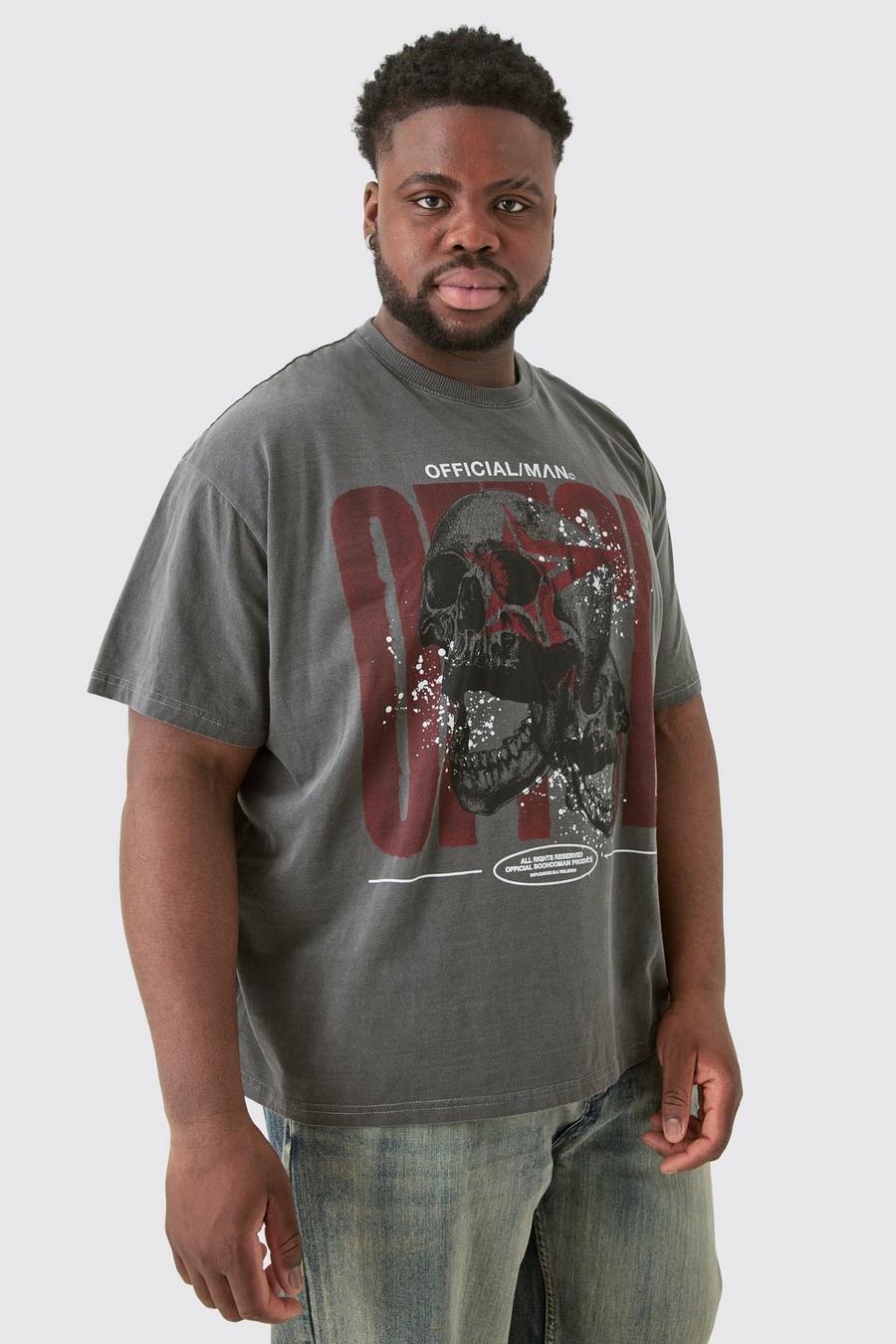 Grande taille - T-shirt délavé à imprimé crâne, Charcoal image number 1