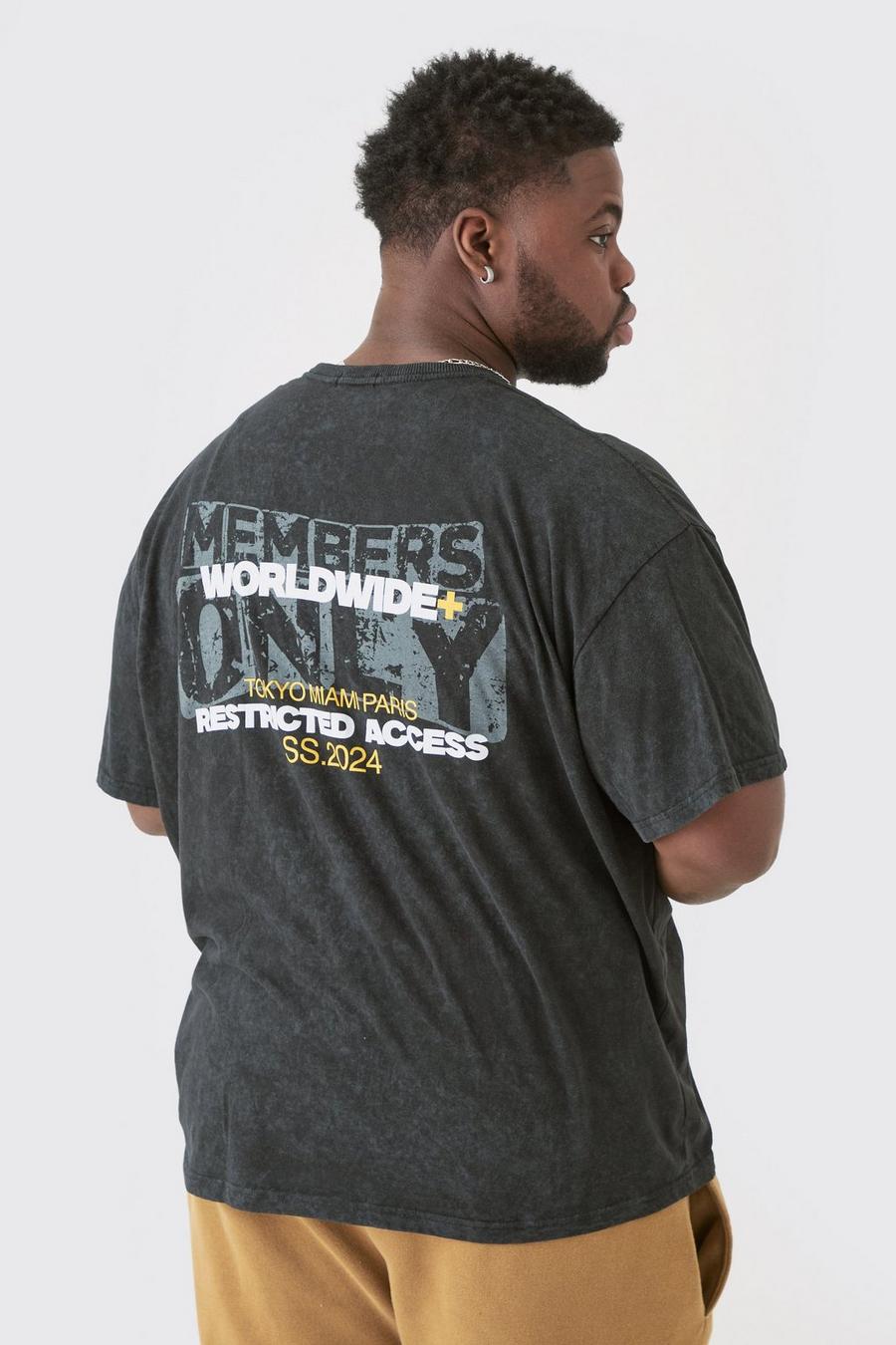 Camiseta Plus con lavado de ácido y estampado Worldwide en la espalda, Charcoal image number 1