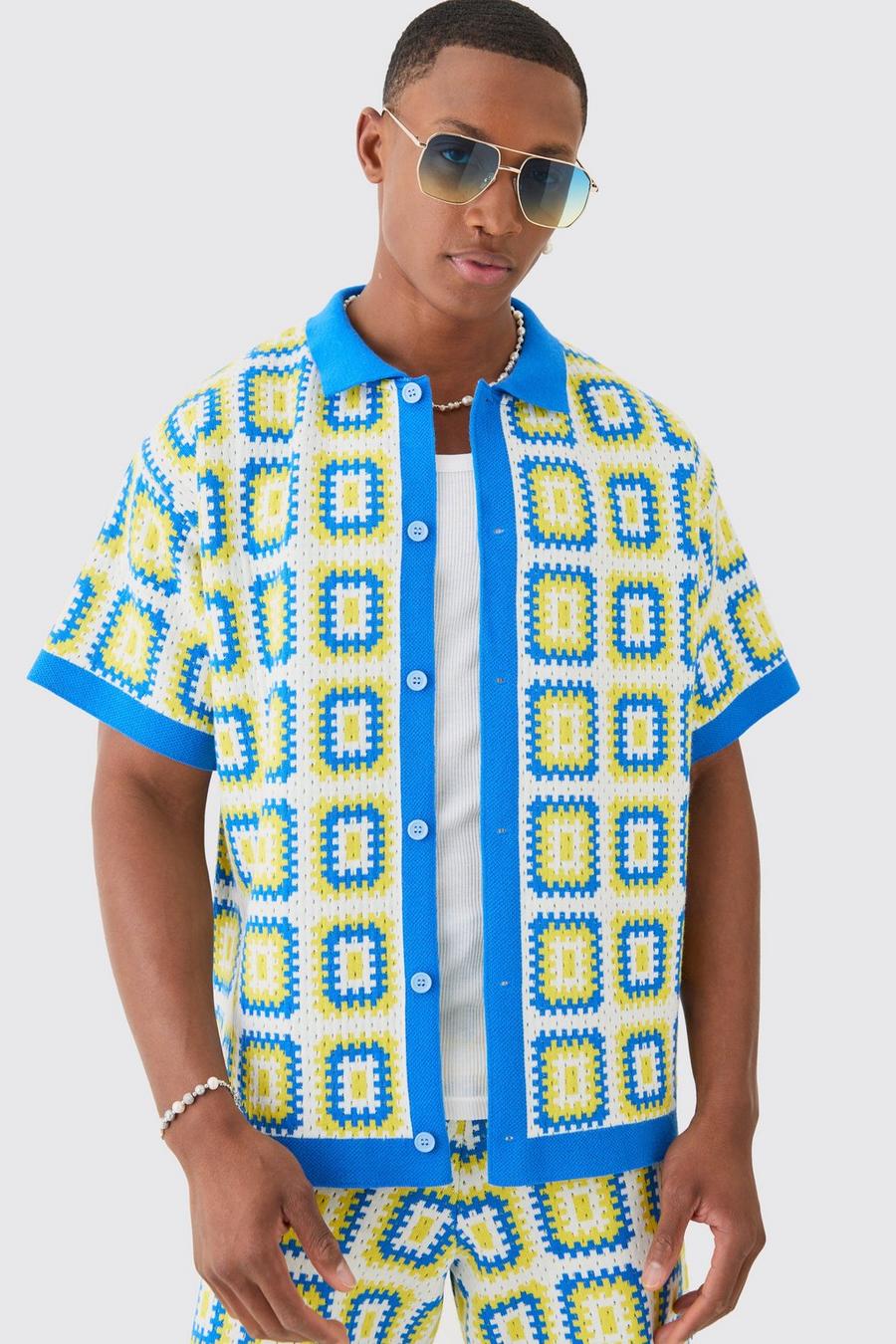 Camicia squadrata oversize in maglia all’uncinetto, Blue image number 1