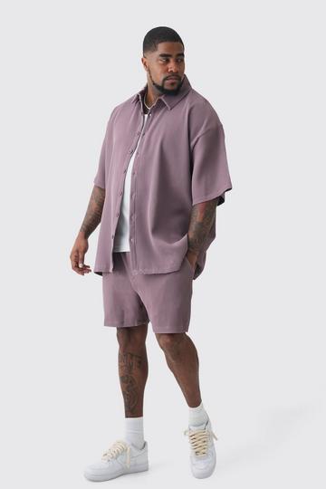 Plus Oversized Short Sleeve Pleated Shirt & Short Set In Mauve mauve