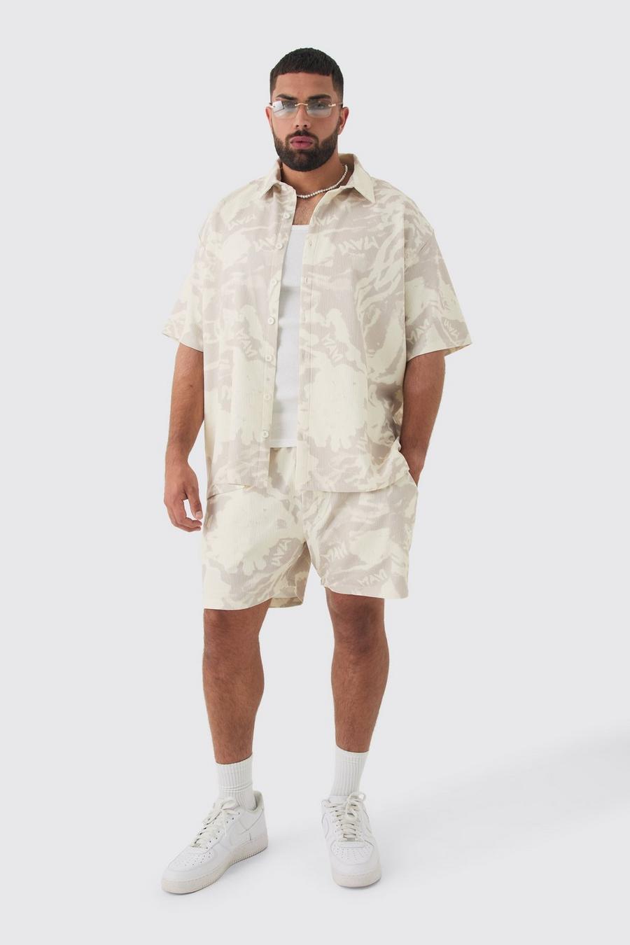 Ecru Plus Abstract Printed Oversized Short Sleeve Pleated Shirt & Short Set image number 1