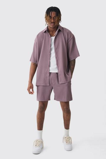 Tall Oversized Short Sleeve Pleated Shirt & Short Set In Mauve mauve