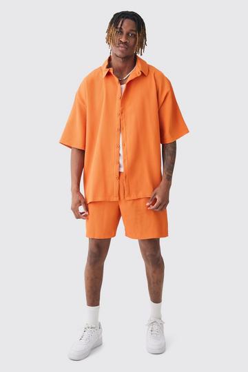 Tall Oversized Short Sleeve Pleated Shirt & Short Set In Sunset orange