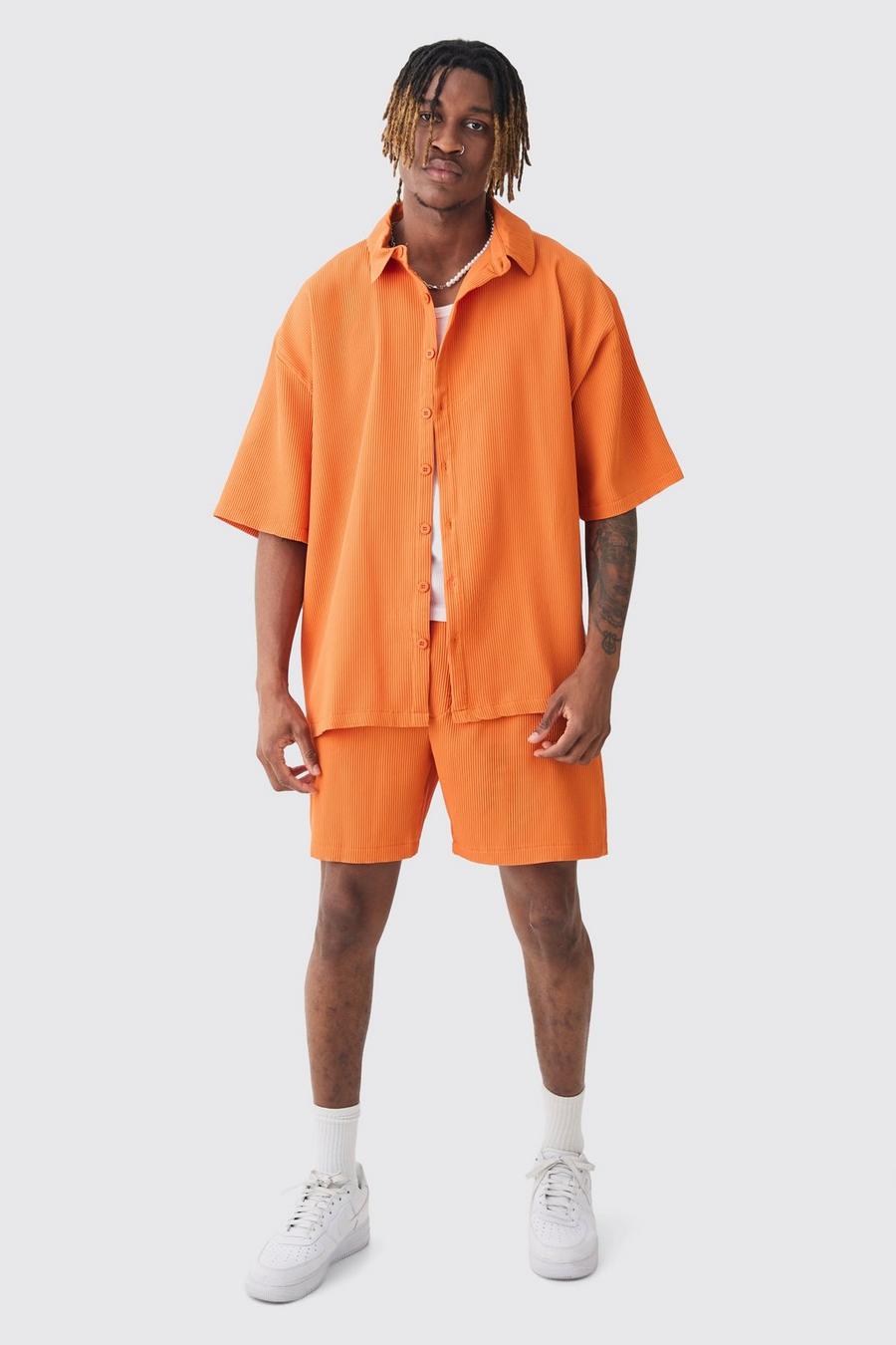 Orange Tall Oversized Short Sleeve Pleated Shirt & Short Set In Sunset