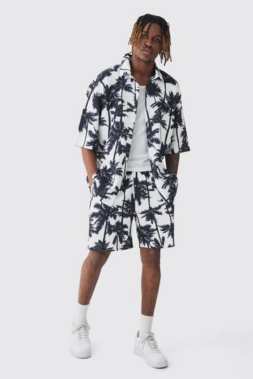 Tall Palm Printed Oversized Short Sleeve Pleated Shirt & Short Set stone