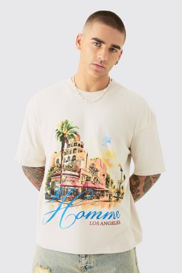 Oversized Boxy Homme Landscape Print Wash T-shirt ecru