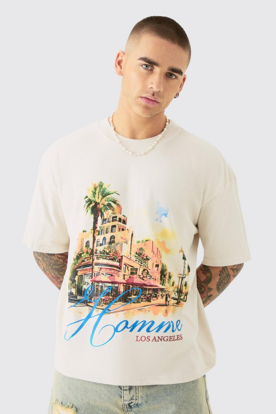Kastiges Oversize T-Shirt mit Homme Print, Ecru image number 1