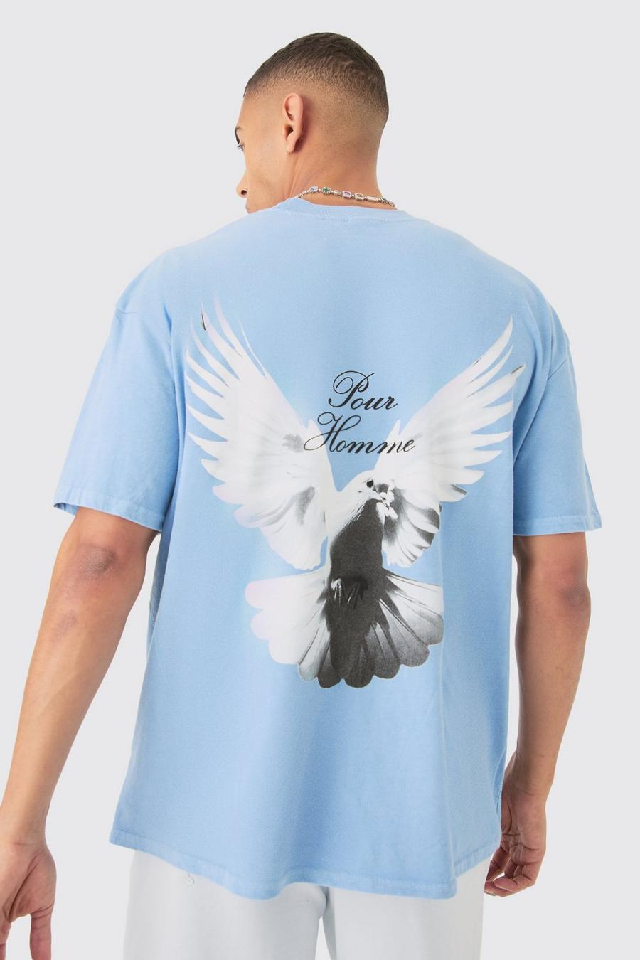 Camiseta oversize con cuello extendido y estampado desteñido en la espalda de paloma, Blue image number 1