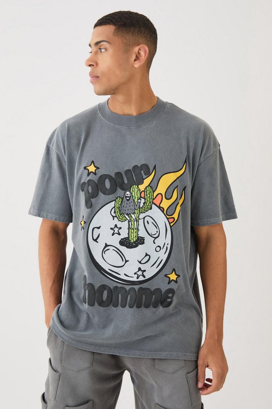 Camiseta oversize con cuello extendido y estampado espacial en relieve, Charcoal