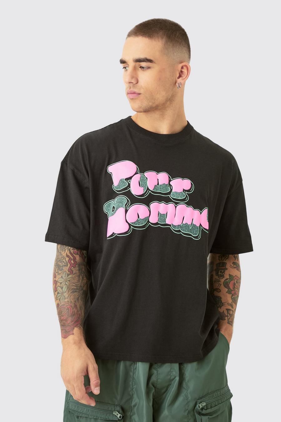 Camiseta oversize recta con estampado Homme en relieve, Black