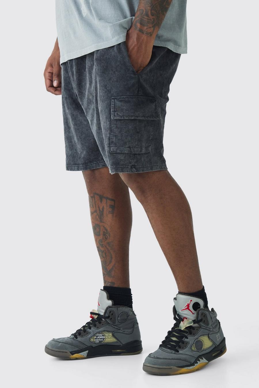 Black Plus Washed Relaxed Jersey Cargo Shorts