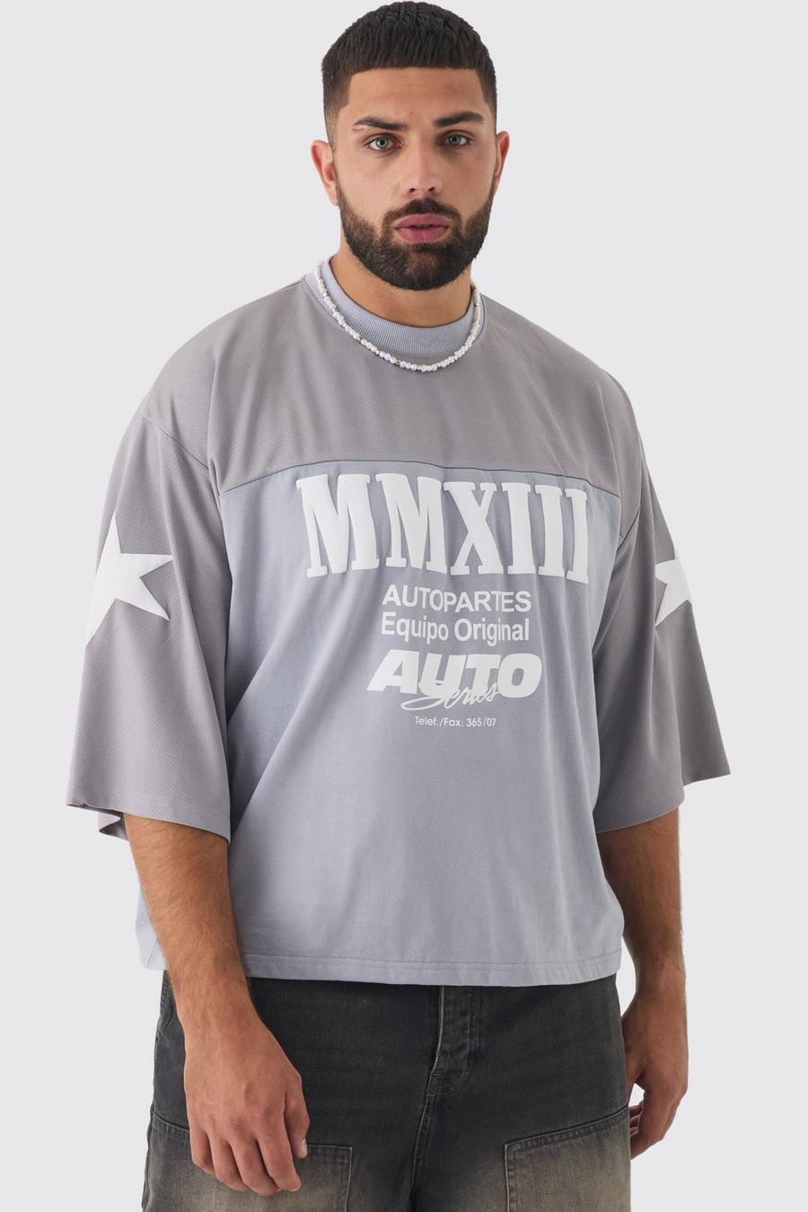 Grey Plus Oversized Boxy Half Sleeve Moto Print T-shirt