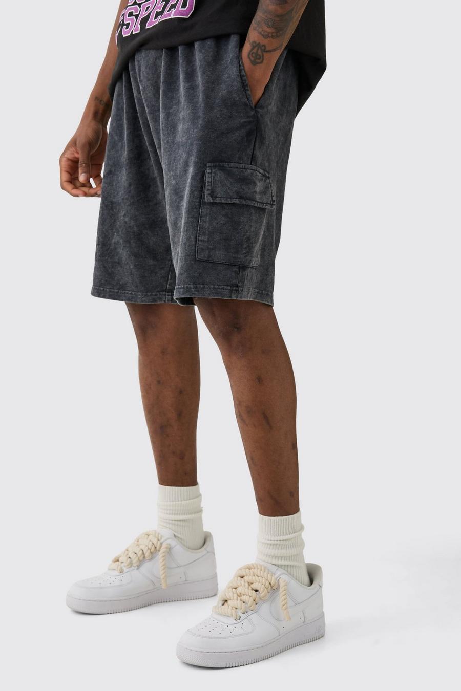 Black Tall Washed Relaxed Jersey Cargo Shorts image number 1