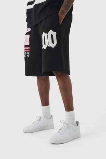 Black Tall Basketball Washed Applique Moto Printed Shorts