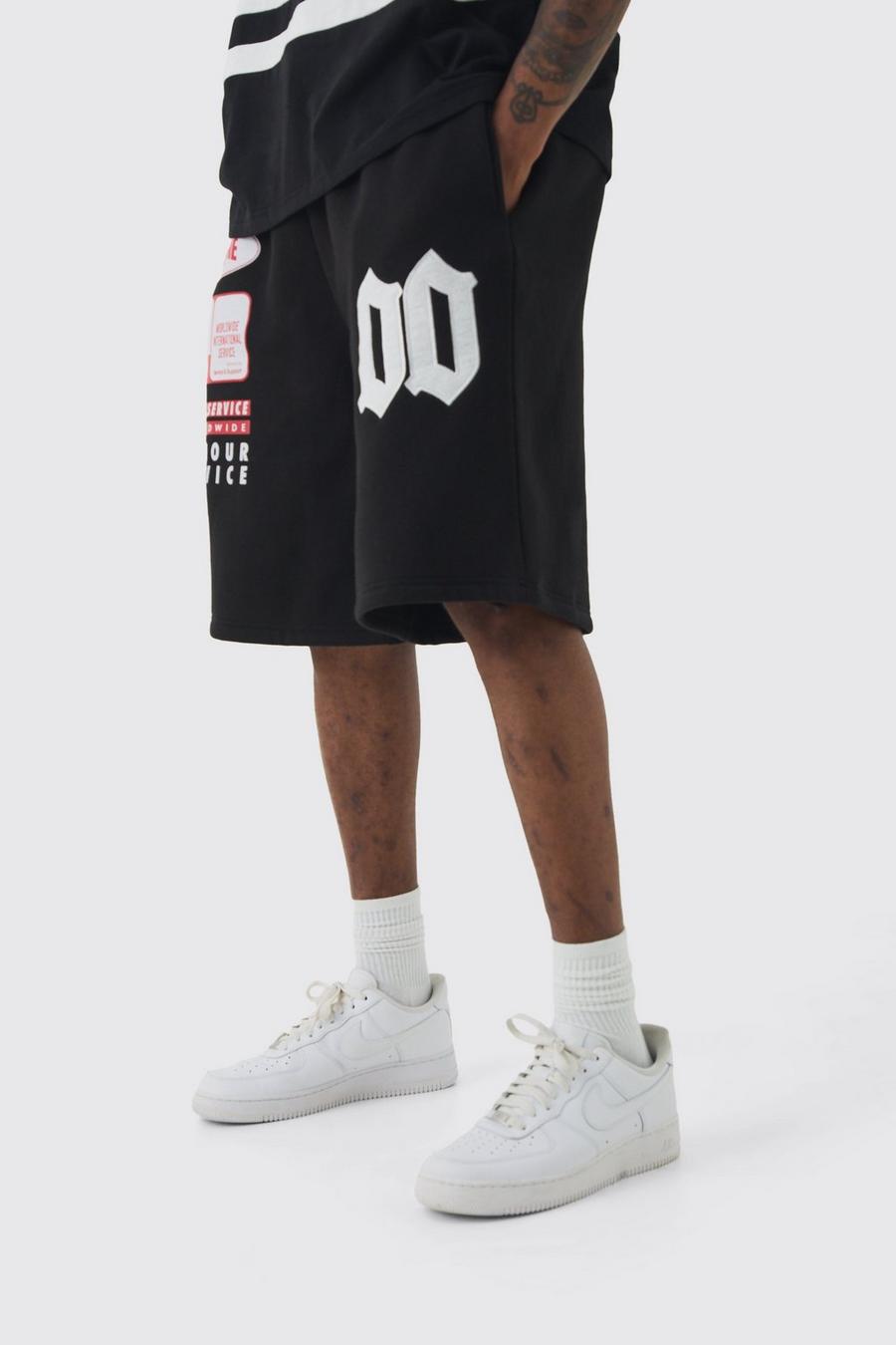 Black Tall Basketball Washed Applique Moto Printed Shorts image number 1