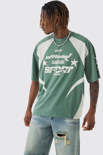 Tall Oversized Boxy Moto T-Shirt Met Brede Nek En Reliëf green