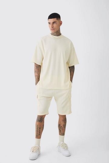 Stone Beige Tall Oversized Waffle T-shirt & Cargo Short Set