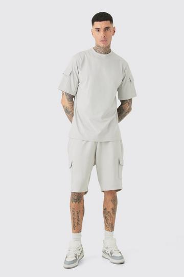 Tall T-Shirt Met Utility Zakken En Cargo Shorts Set grey