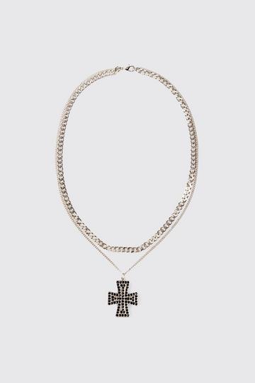 Iced Cross Pendant Double Chain Necklace In Silver silver