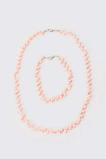 Pearl Bead Necklace & Bracelet Set In Pink pink